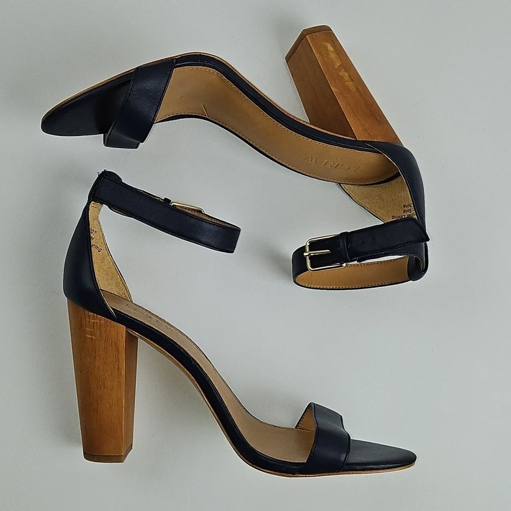 J. Crew Leather Navy Blue Open Toe Ankle Strap Wooden Block Heel Sandal